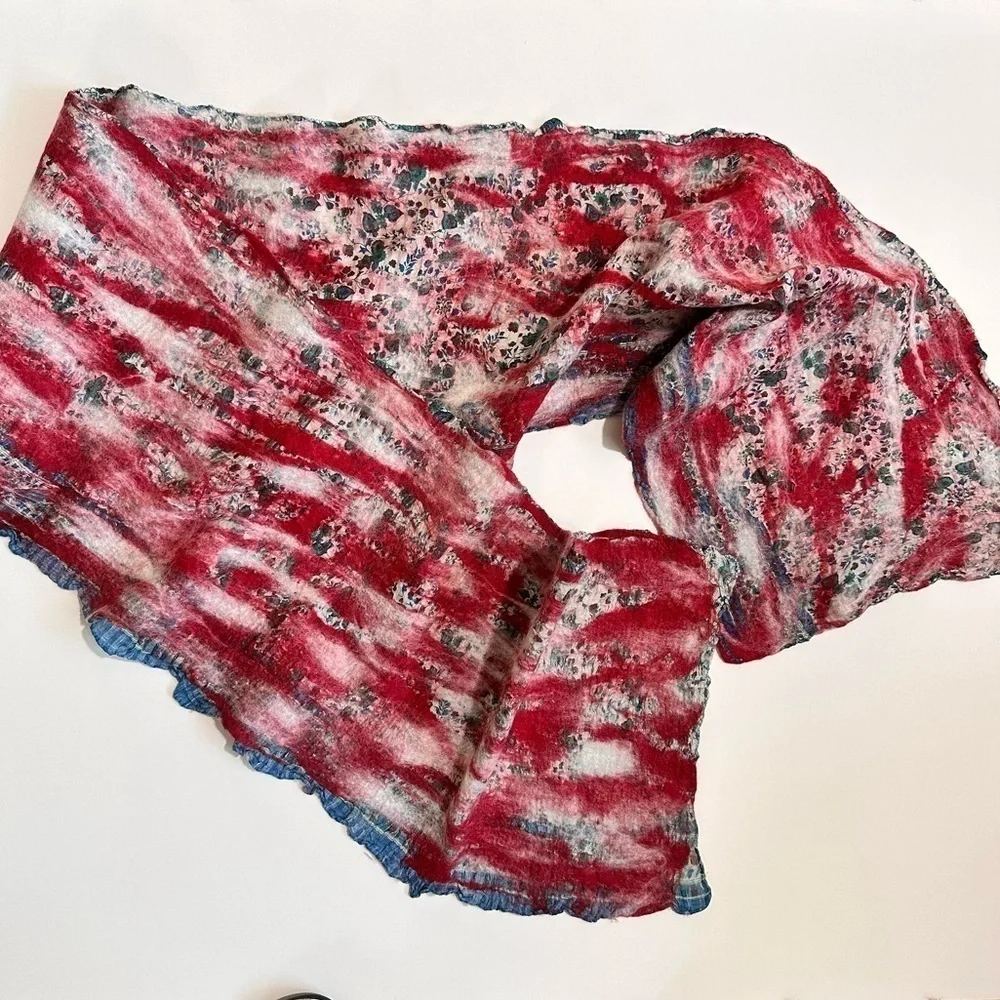 Handcrafted wet felted scarf cottagecore print w/ red & white wool felted 12x72”